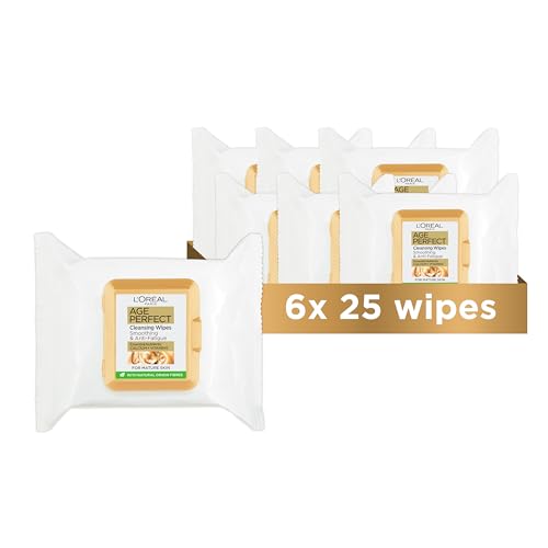 L'Oréal Paris Age Perfect Cleansing Wipes for Mature Skin, Pro-Calcium & Sweet Almond Oil, 6 x 25 Wipes