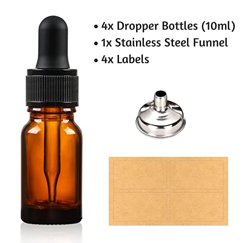 AOZITA 4-Pack 10ml Amber Glass Bottles with Dropper Pipettes and Funnel