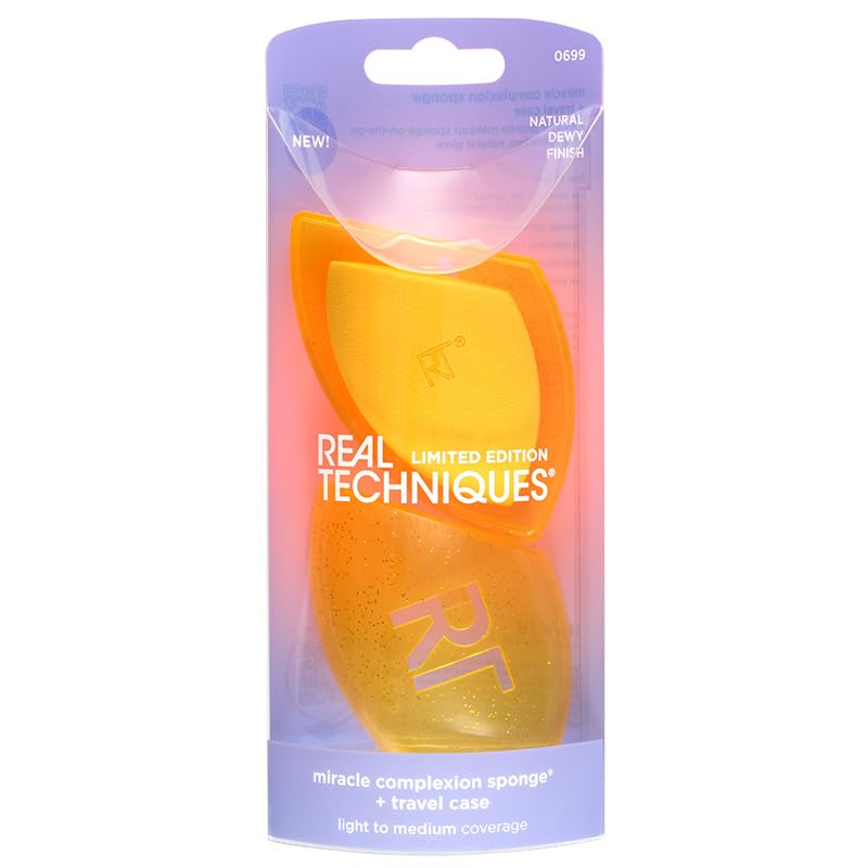 Real Techniques Miracle Complexion Sponge + Travel Case, 2 Count for Dewy Finish
