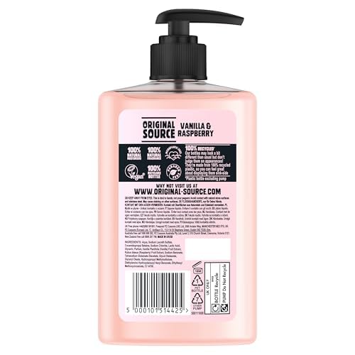 Original Source Handseife Vanillemilch &amp; Himbeere mit 100 % natürlichem Duft, vegan, antibakteriell, mit natürlichen Feuchtigkeitsspendern, 6er-Packung à 300 ml