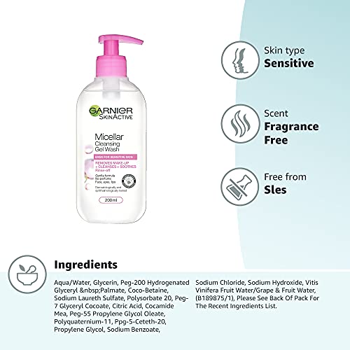 Garnier Micellar Gel Face Wash for Sensitive Skin, Gentle Cleanser & Makeup Remover, 200ml 10