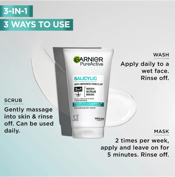 Garnier Pure Active 3in1 Clay Wash, Scrub & Mask with Salicylic Acid for Oily Skin, 150ml 3
