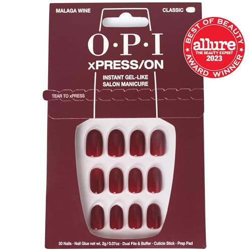 OPI xPRESS/ON Malaga Wine – Dunkelrote, kurze, runde künstliche Fingernägel zum Aufkleben – mit Nagelkleber – Langanhaltend, wiederverwendbar und schonend