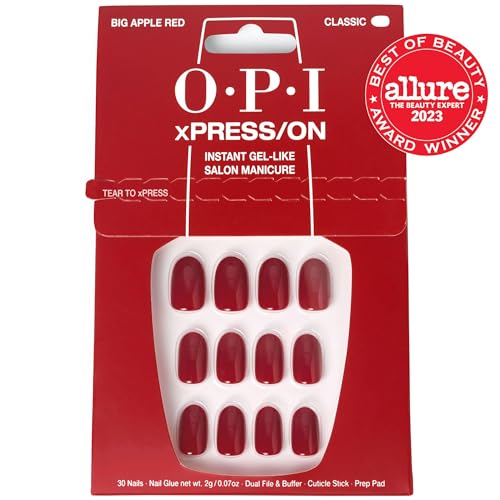 OPI xPRESS/ON Big Apple Red – Klassische rote, kurze, runde künstliche Fingernägel zum Aufkleben – mit Nagelkleber – Langanhaltend, wiederverwendbar und schonend für die Nägel