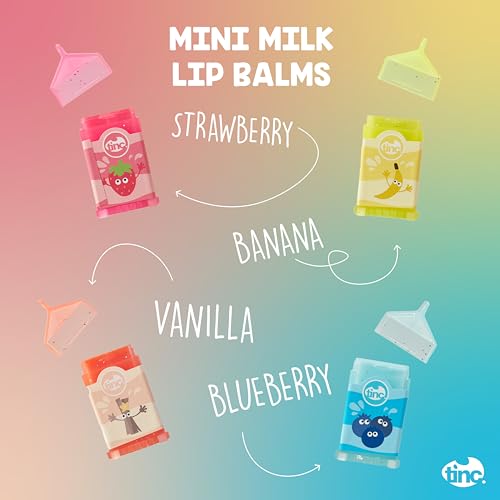 Tinc Mini Milk Lip Balms - 4 Fruity Scents: Strawberry, Banana, Vanilla & Blueberry for Moist Lips 3