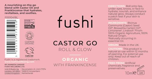 Fushi Bio-Rizinusöl 10 ml Roll &amp; Glow, 100 % rein, kaltgepresst, für trockene Haut, Wimpern und Augenbrauen – praktische Größe für unterwegs, hexanfrei, natürlich, lebensmittelecht