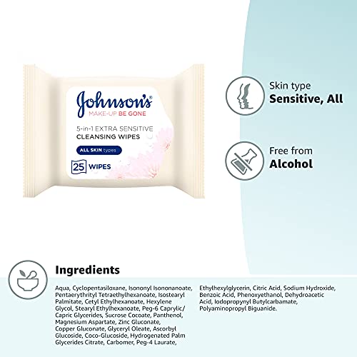 Johnson's Make-Up Be Gone 5-in-1 Extra-Sensitive Cleansing Wipes with Aloe Vera & Pro-Vitamin B5 8
