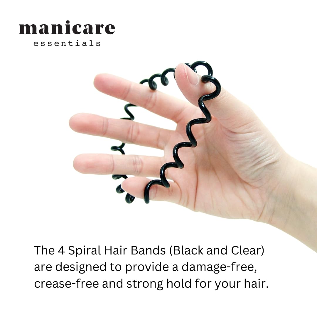 Manicare 4 Pack Spiral Hair Bands - Black & Clear, No Damage, Crease & Kink Free 3