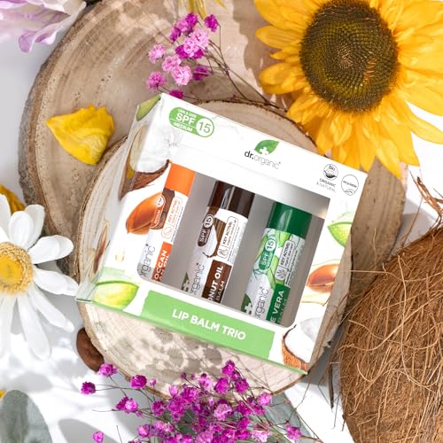 Dr Organic Moisturising Lip Balm Gift Set with Aloe Vera, Argan Oil & Coconut Oil SPF 15