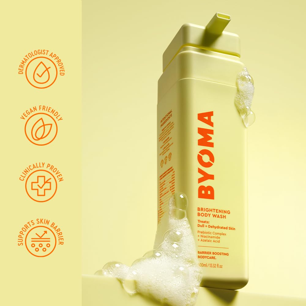 BYOMA Brightening Body Wash (400ml) Behandelt fahle und dehydrierte Haut, gleicht die Hautbarriere mit Niacinamid und Azelainsäure aus und repariert sie - hellt den Hautton auf und sorgt für einen ebenmäßigen Teint 5