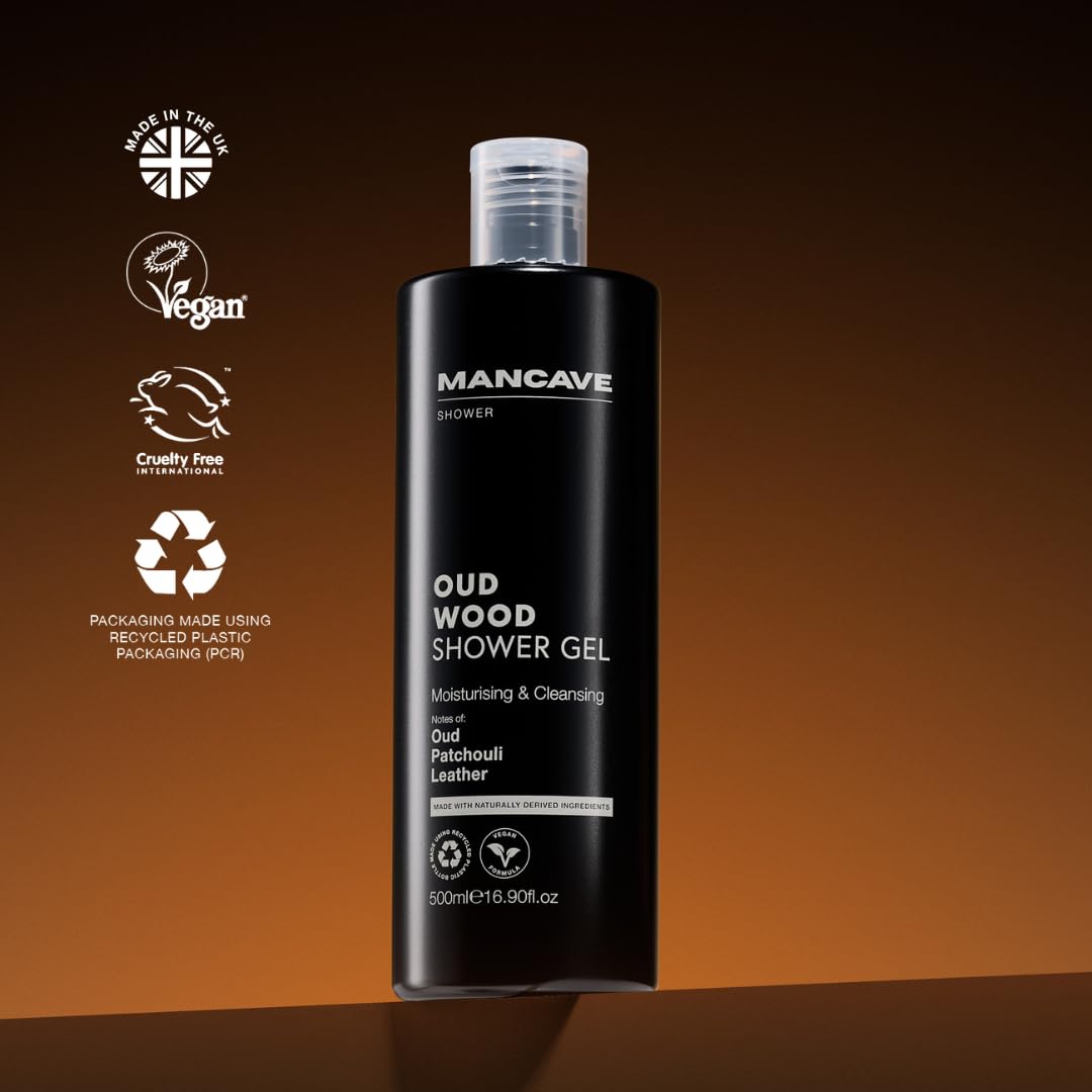 ManCave Oud Wood Duschgel 500 ml, Premium-Duft nach Oud, Patschuli und Leder, feuchtigkeitsspendendes und reinigendes Duschgel für Männer, sulfatfrei, vegan, parabenfrei, tierversuchsfrei, mit natürlichen Inhaltsstoffen 3