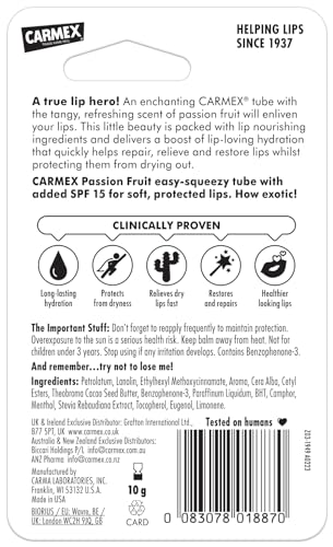 Carmex Passion Fruit Lip Balm Tube with SPF 15 for Sun Protection and Repair 3