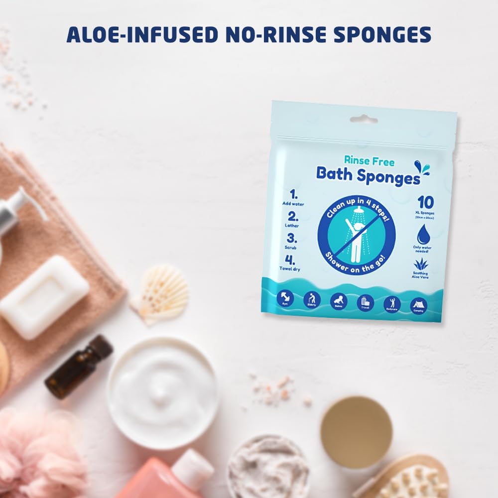 10-Pack Rinse-Free Bath Sponges with Soothing Aloe Vera for Travel & Gym 6