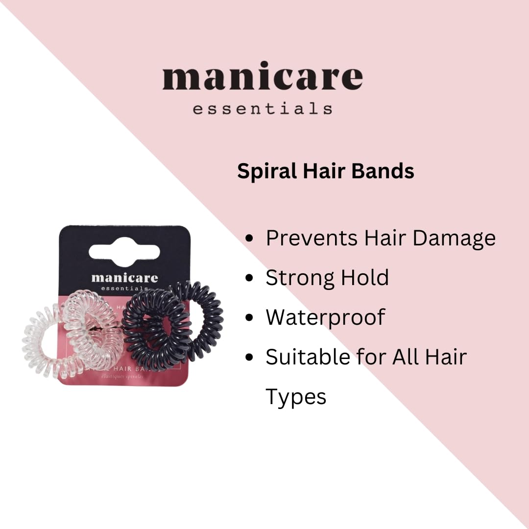 Manicare 4 Pack Spiral Hair Bands - Black & Clear, No Damage, Crease & Kink Free
