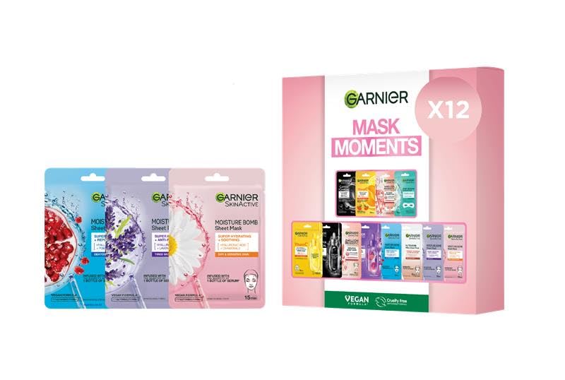 Garnier Hautpflege-Geschenkset, 12-teiliges Masken-Geschenkset, Set mit feuchtigkeitsspendenden Tuchmasken für