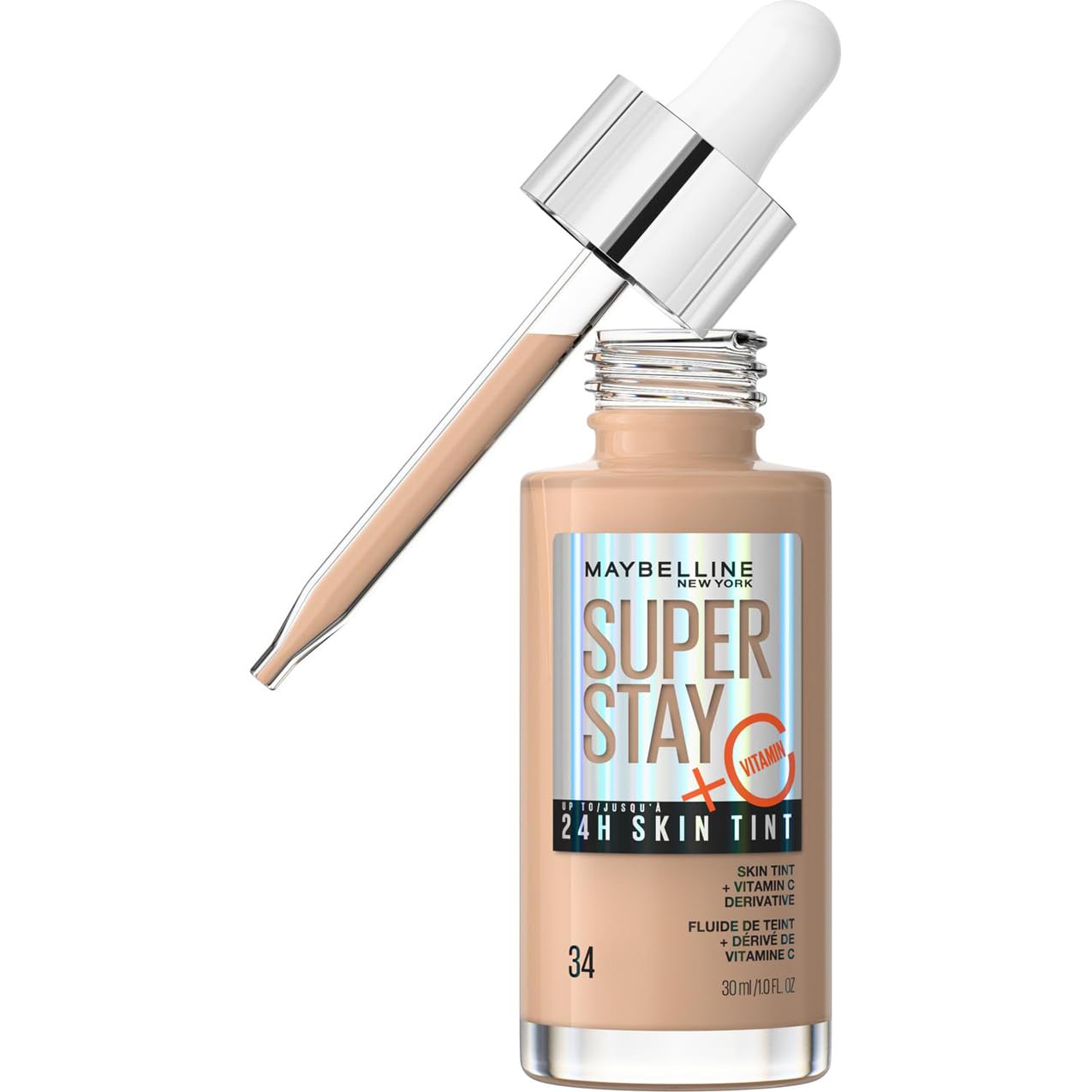 Maybelline Super Stay Skin Tint Foundation with Vitamin C, 24H Wear, Vegan Formula, Shade 34
