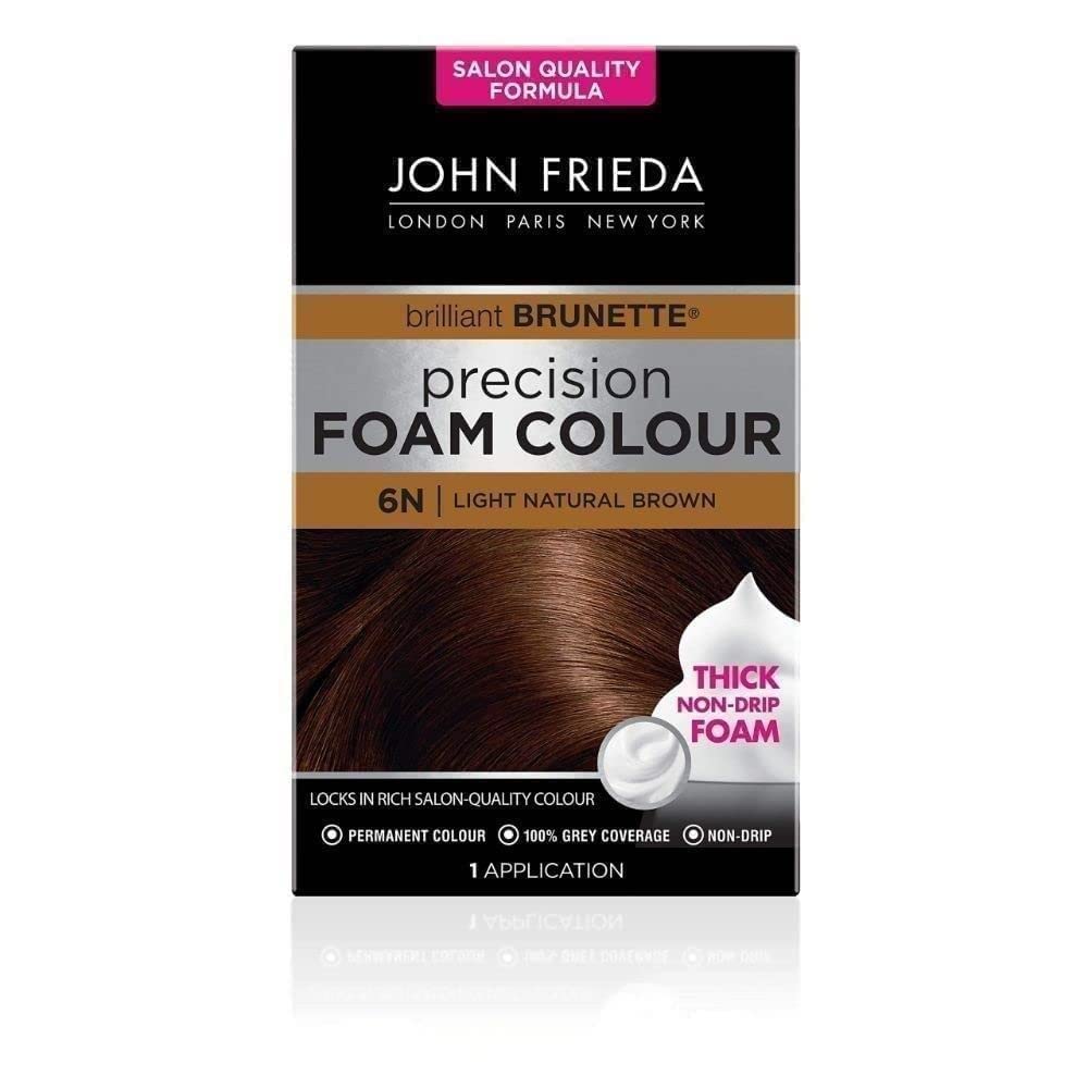 John Frieda Precision Foam Colour 6N, Light Natural Brown Hair Dye, 100% Grey Coverage
