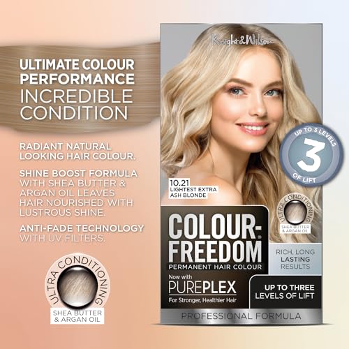 Colour Freedom Hellste Extra-Aschblond Permanente Haarfarbe. Mit PurePlex zum Schutz, zur Reparatur und Pflege. Bis zu 3 Stufen Aufhellung. 10.21 Extra-Aschblond. Von Knight &amp; Wilson 3