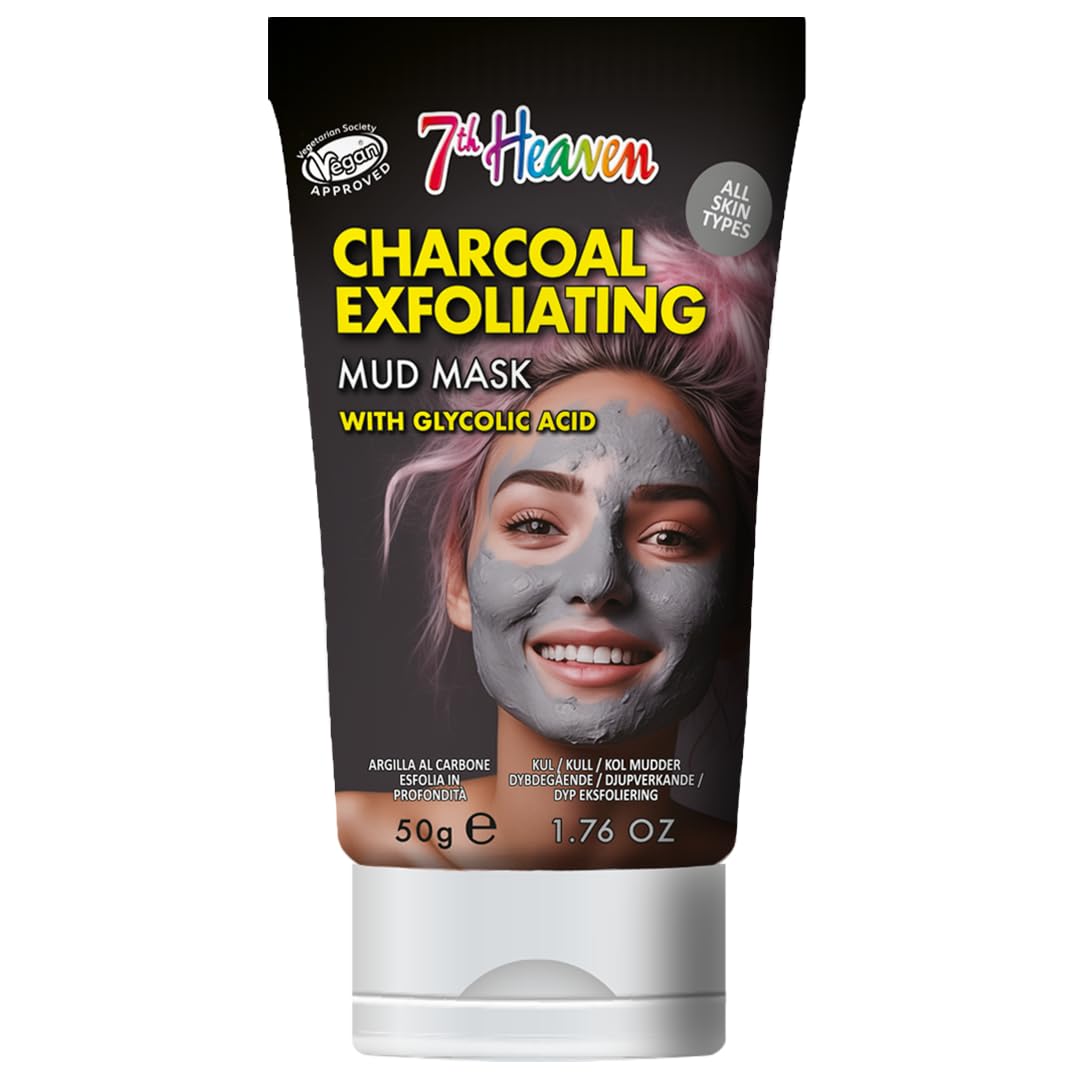 7th Heaven Charcoal Mud Face Mask with Glycolic Acid - 50ml Exfoliating Tube for All Skin Types