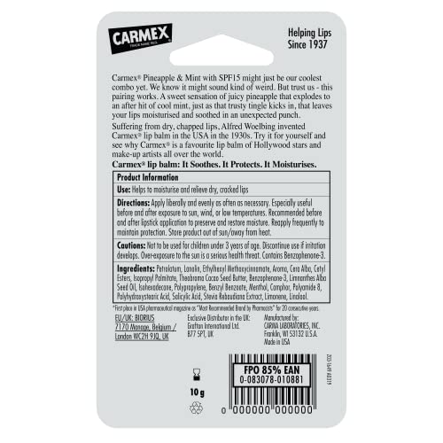 Carmex Moisturising Lip Balm Tube with SPF 15 - Pineapple Mint, 11.6ml 4