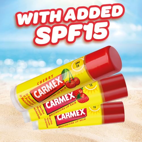 Carmex Lip Balm 3-Pack Set: Classic, Cherry & Strawberry Flavors with SPF 15