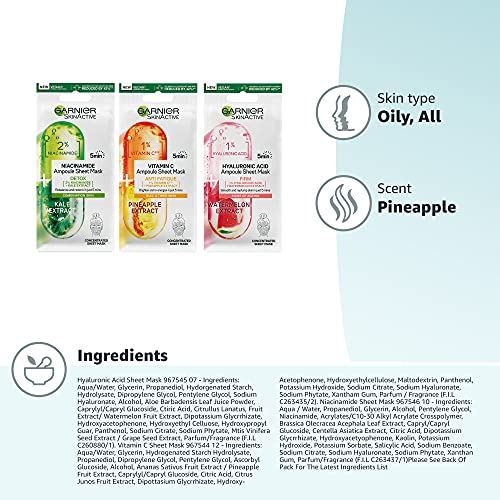 Garnier Ampoule Sheet Masks Set (3 Pack): Vitamin Cg, Niacinamide & Hyaluronic Acid 8