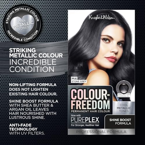 Colour Freedom Metallic Stone Grey Permanente Haarfarbe mit PurePlex. Ultraglänzende, pflegende Haarfarbe. 100 % Grauabdeckung. Von Knight &amp; Wilson. 3