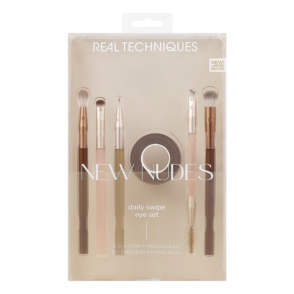 REAL TECHNIQUES New Nudes Daily Swipe Eye Kit, 7 Piece Synthetic Bristle Brush Set