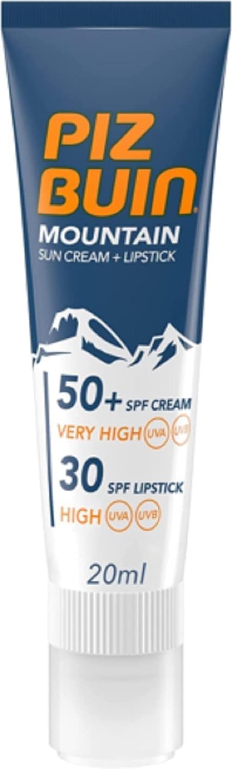 Piz Buin Mountain Gesichtssonnencreme LSF 50+ und Lippenstift LSF 30 2-in-1 (20 ml), Sonnenschutz fürs Gesicht mit UVA/UVB-Schutz, intensiv pflegende Lippenpflege für raue Wetterbedingungen