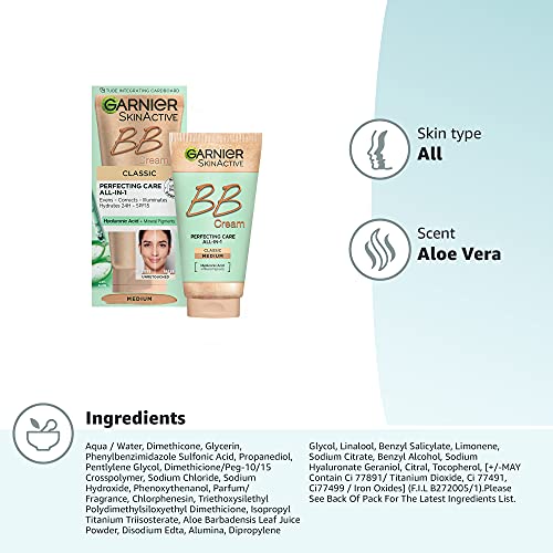 Garnier SkinActive Classic Perfecting All-in-1 BB Cream, Farbton Classic Medium, getönte Feuchtigkeitscreme LSF 15, hellt den Teint auf und gleicht ihn aus, mit Hyaluronsäure, Aloe Vera und Mineralpigmenten, 50 ml, 1 Stück 10