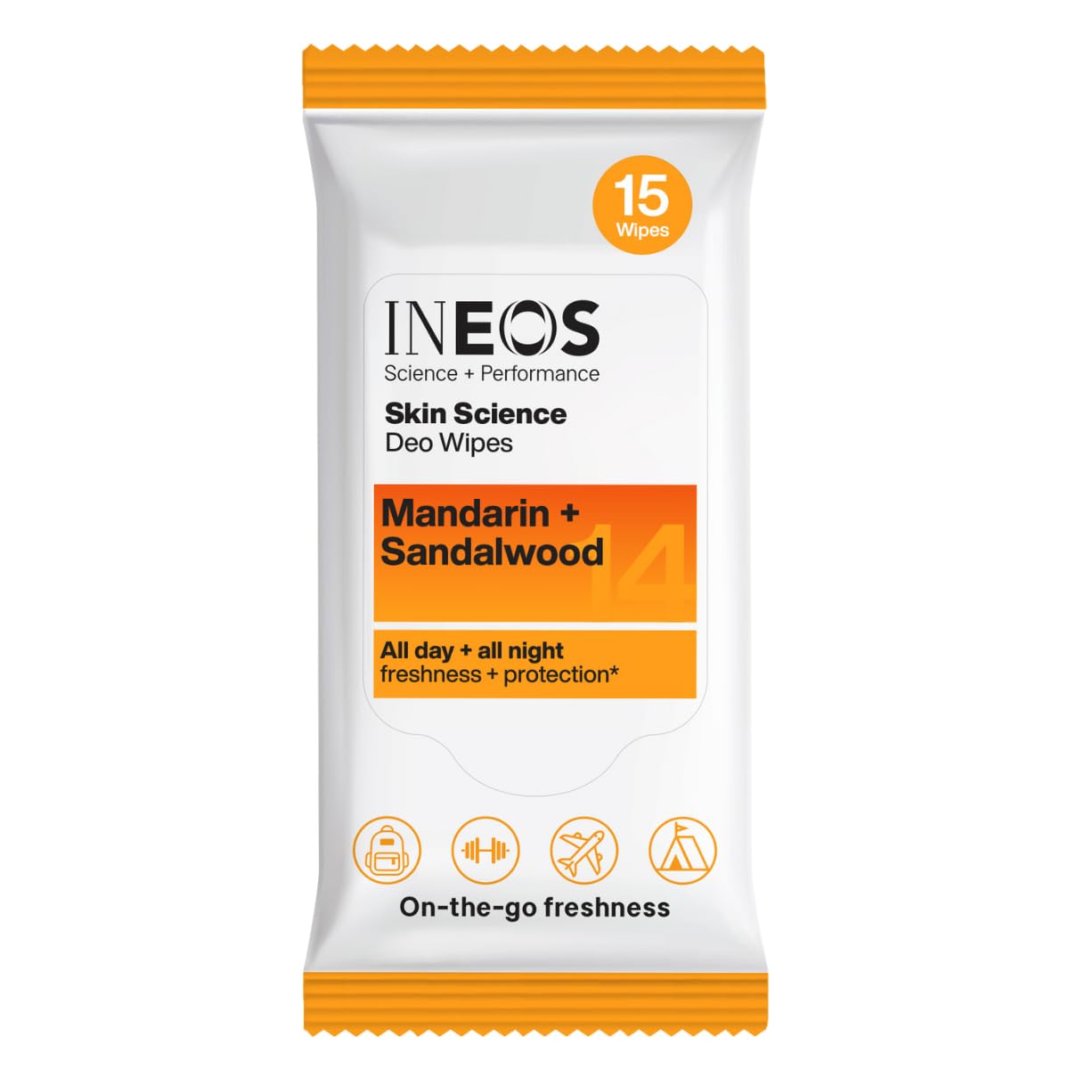 INEOS Skin Science Deo Wipes with SkinActiv Cooling Tech™ - Mandarin & Sandalwood, 15 Count