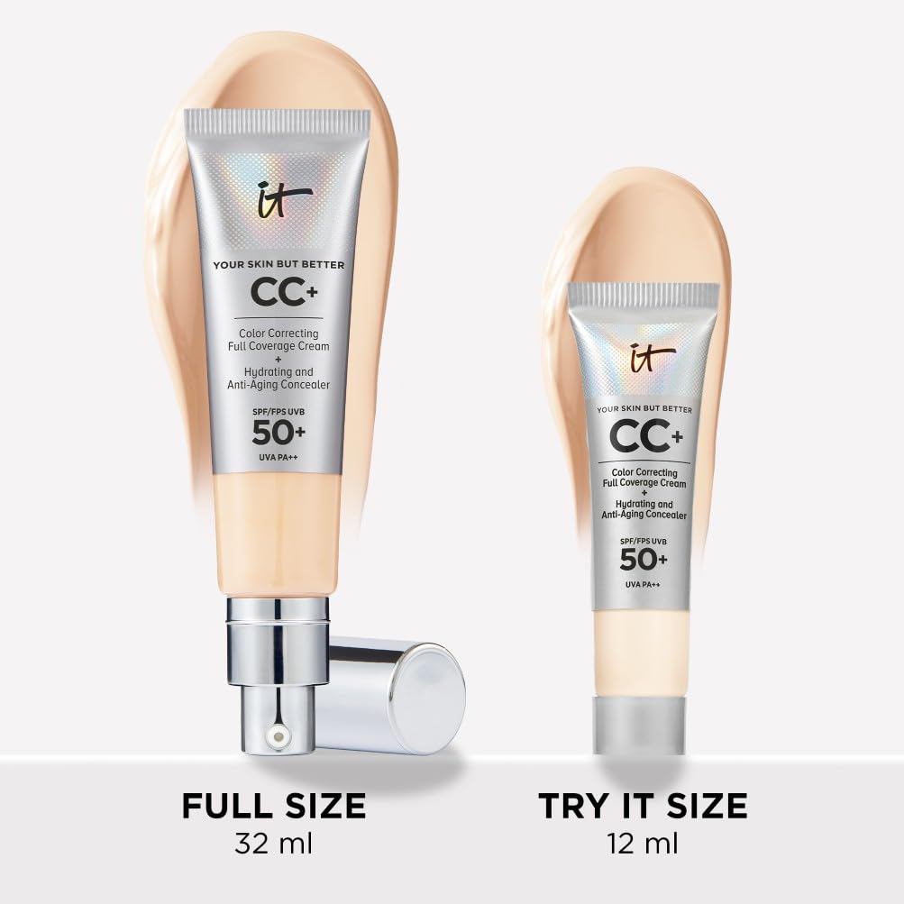 IT Cosmetics CC+ Cream SPF 50+ Travel Size - Light Shade, Full Coverage Foundation & Hydrating Skincare