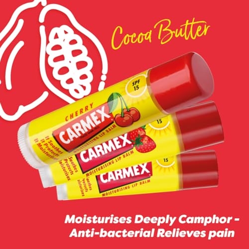 Carmex Lip Balm 3-Pack Set: Classic, Cherry & Strawberry Flavors with SPF 15 4