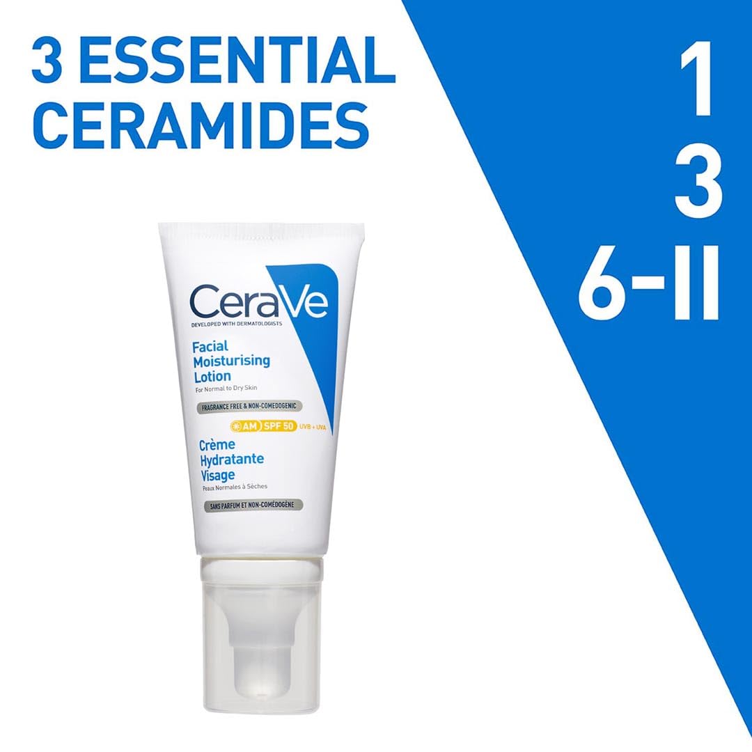 CeraVe AM Facial Moisturising Lotion SPF 50 for Normal to Dry Skin 52ml with UV Protection 8