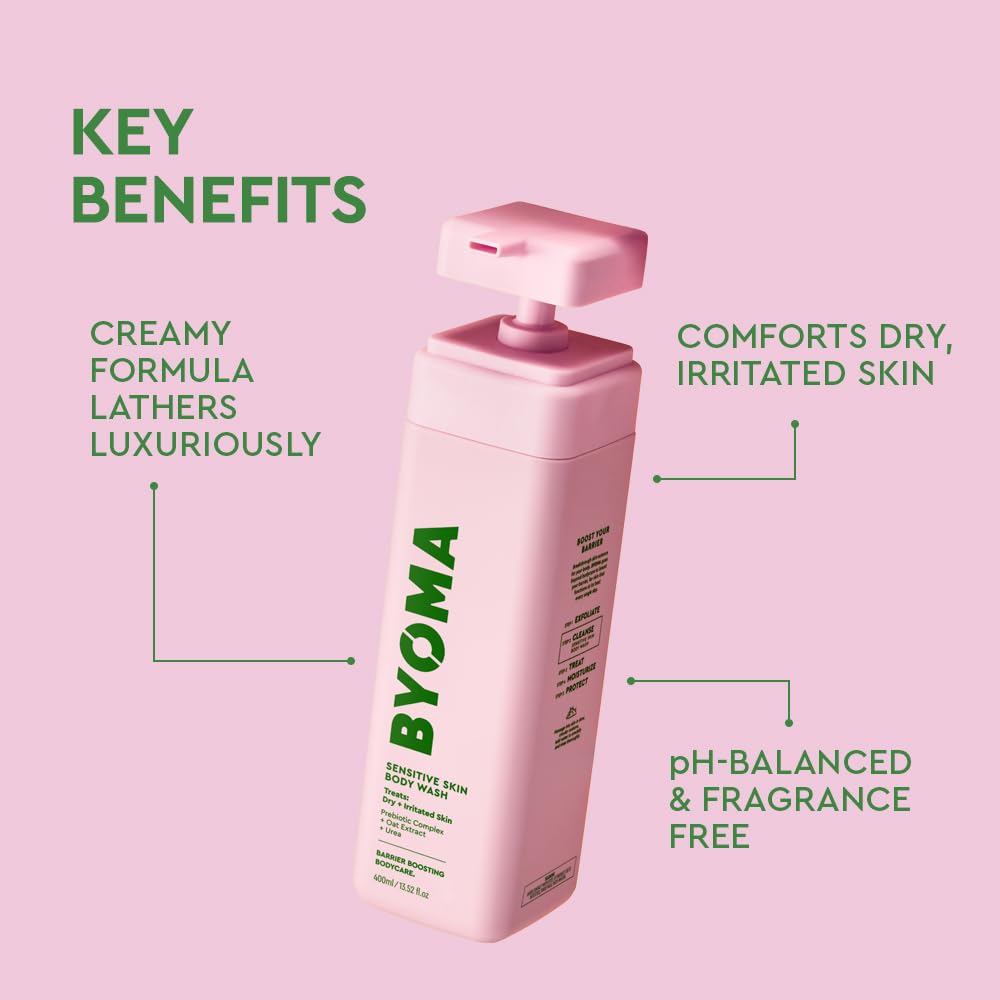 BYOMA Sensitive Skin Duschgel (400 ml) – Behandelt entzündete und gereizte Haut mit präbiotischem Komplex, Hafer-Extrakt und Harnstoff. Sanft zu trockener Haut. Alkohol- und parfümfrei. Vegan. 3