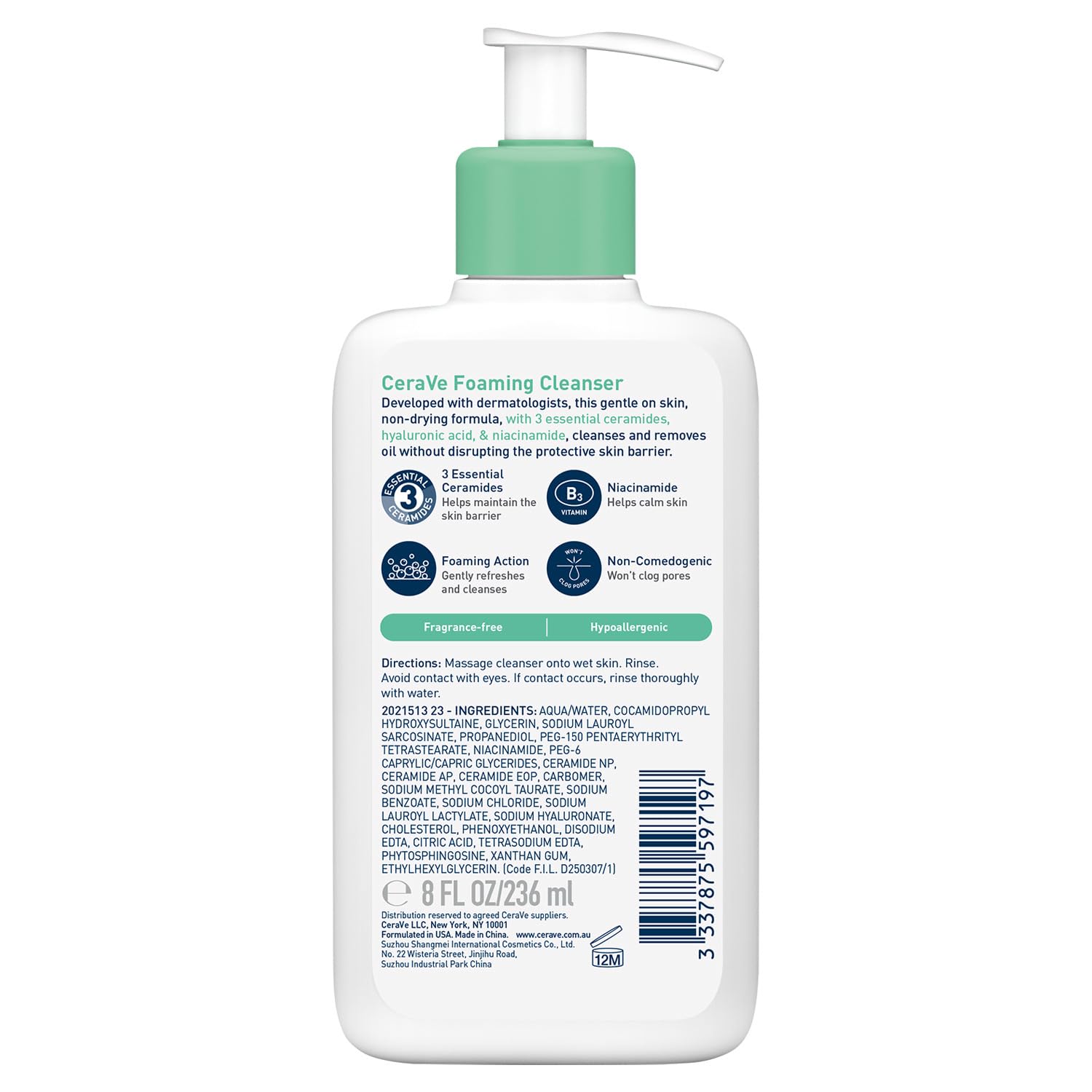 CeraVe Foaming Cleanser for Face & Body with Ceramides, Niacinamide & Hyaluronic Acid (236 ml)