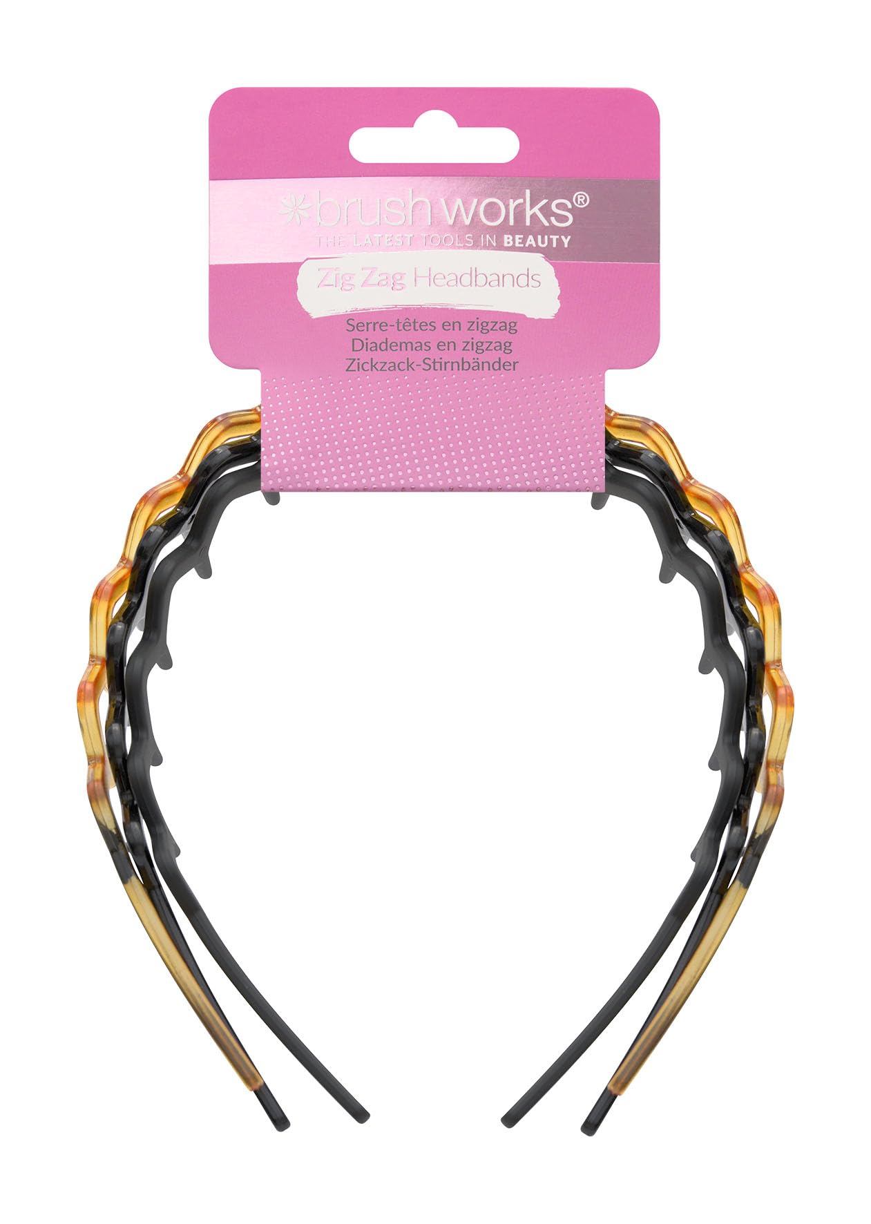 Brushworks Zig-Zag Headband 3-Pack: Shiny Black, Matte Black & Tortoiseshell