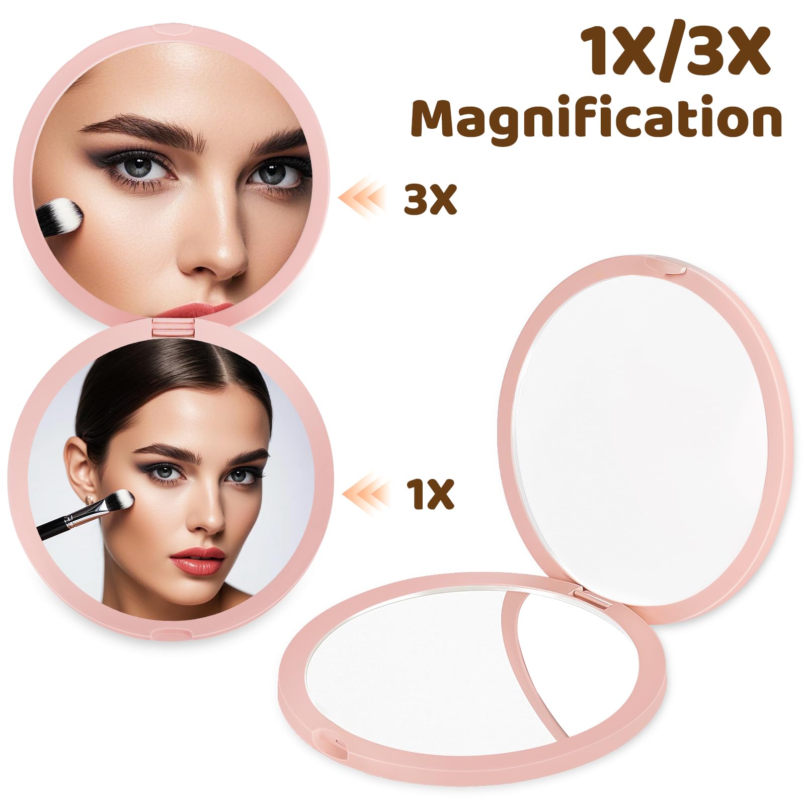 MOXYOY Compact Travel Makeup Mirror with 1X/3X Double-Sided Magnification, Pink 3