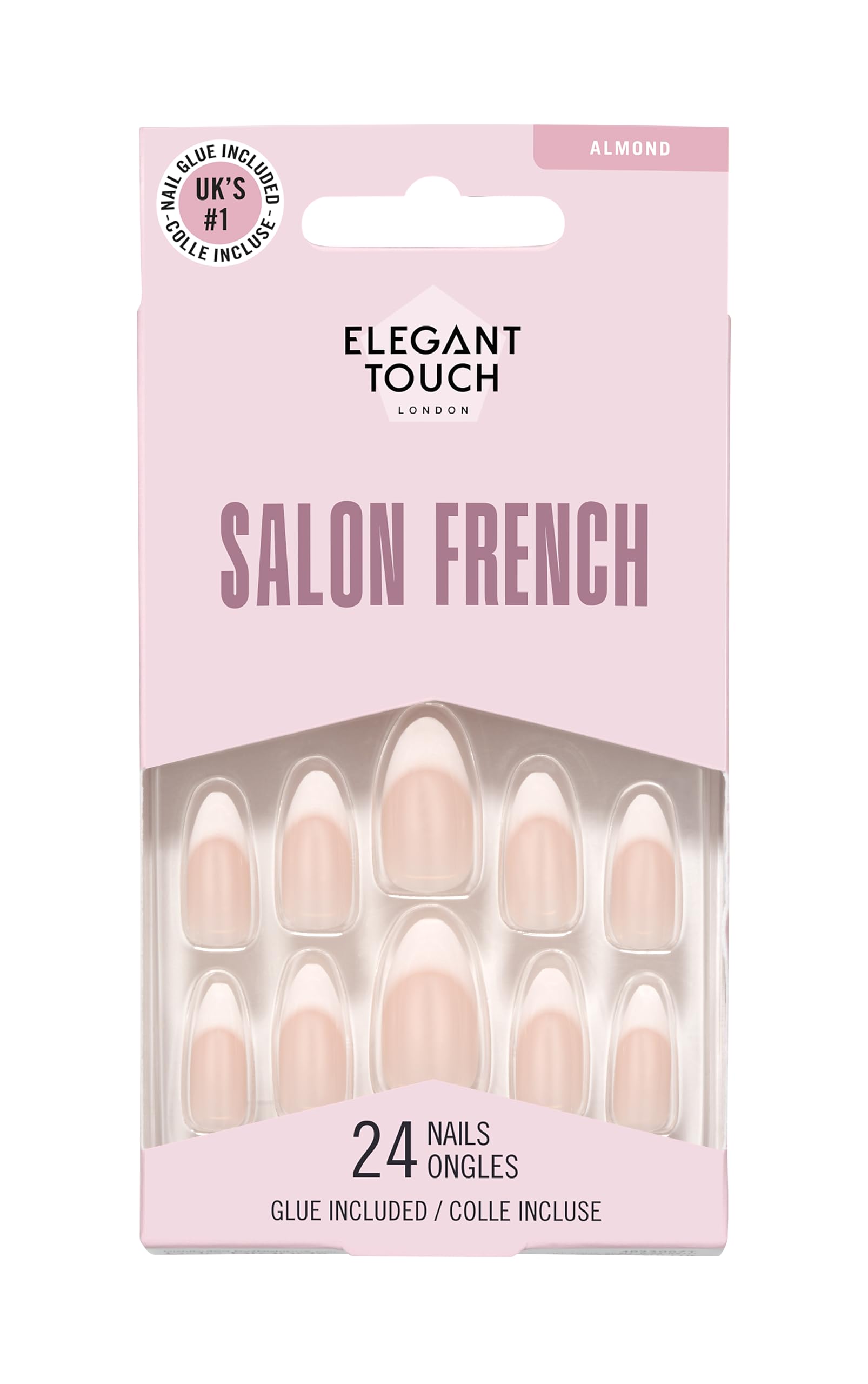 Elegant Touch Salon French No. 146 False Nails with Glue, Short Almond