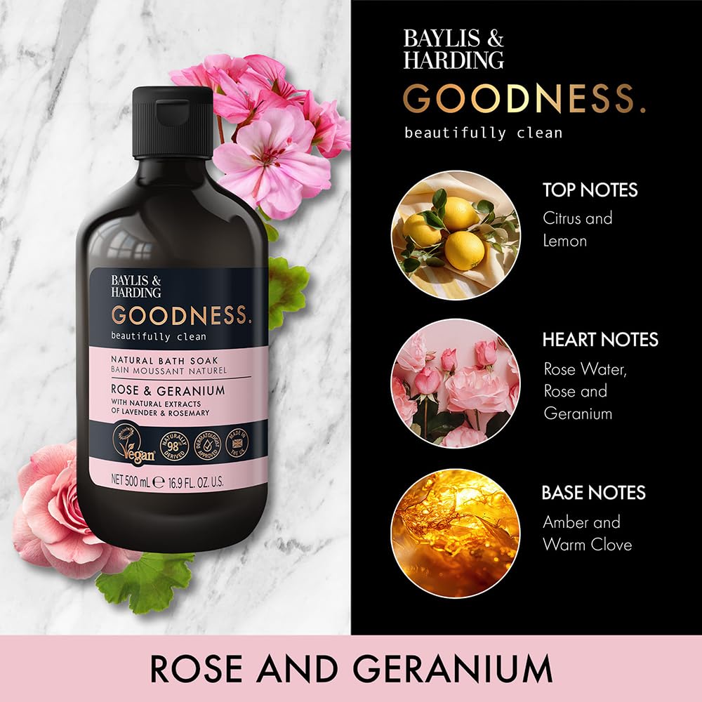 Baylis & Harding Goodness Rose & Geranium Natural Bath Soak, Pack of 3, 500ml 3