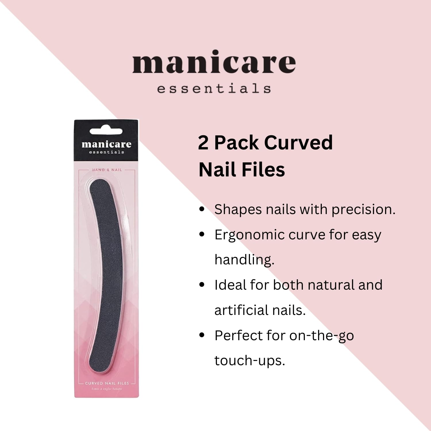 Manicare 2 Pack Curved Nail Files - Boomerang Shape Emery Boards for Natural & Artificial Nails