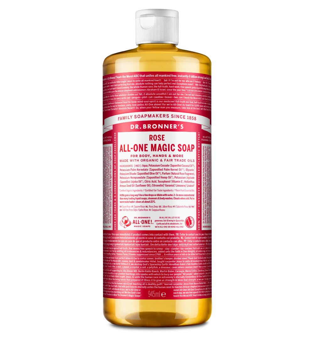 Dr. Bronners 18-in-1 Rose Pure Castole Flüssigseife, hergestellt mit Bio-Ölen,