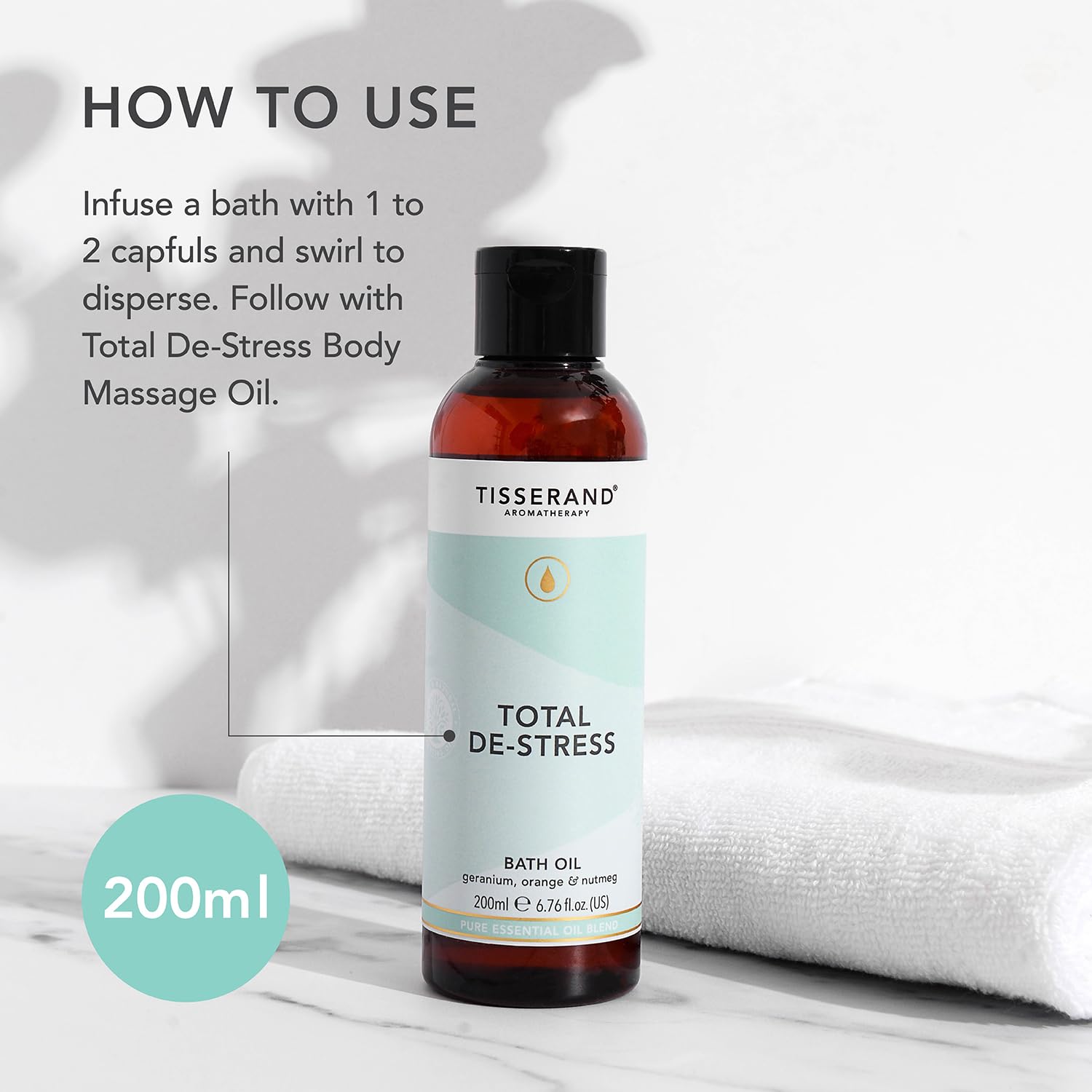 Tisserand Aromatherapy Total De-Stress Bath Oil with Orange, Geranium & Nutmeg 200ml 4