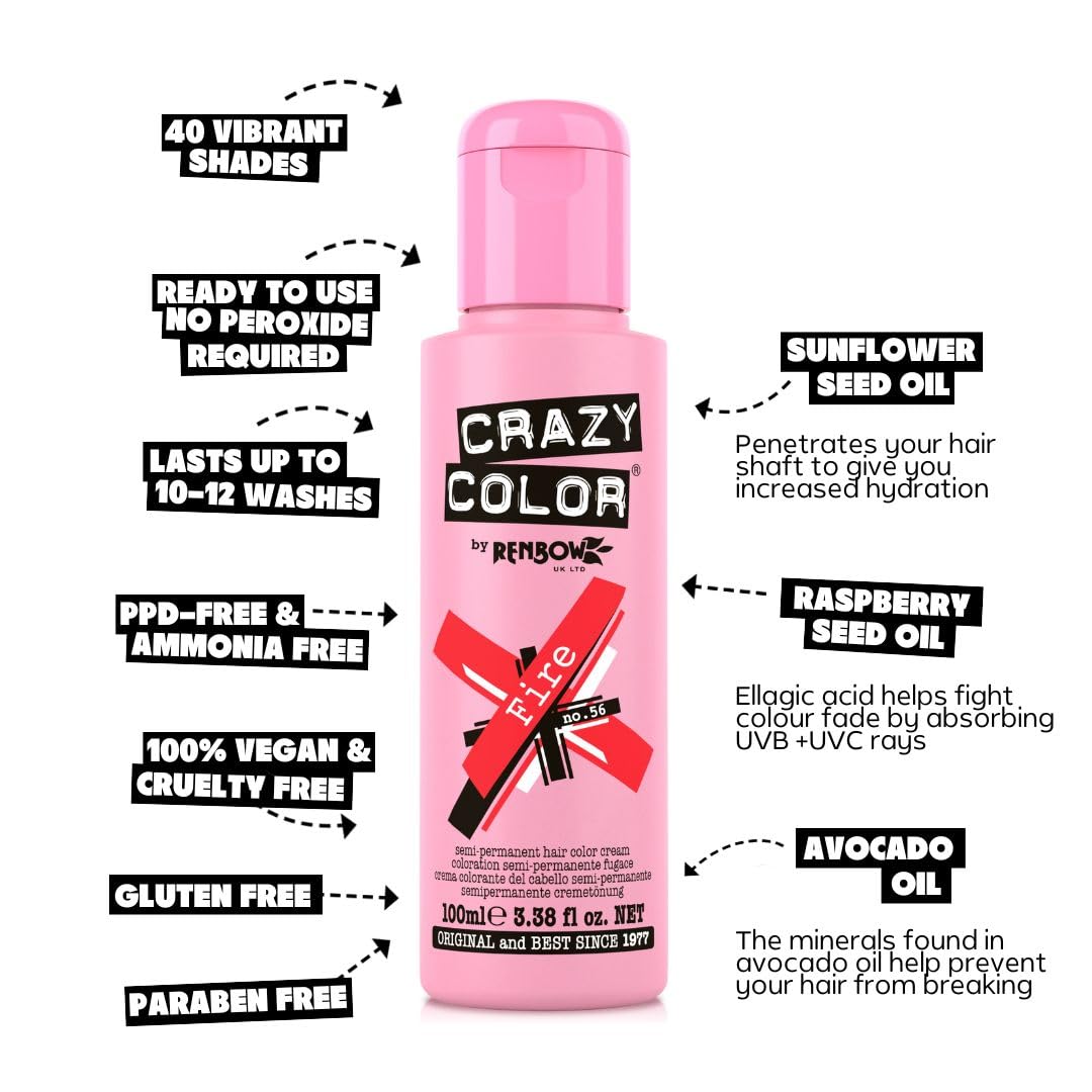 Crazy Color Vibrant Fire Semi-Permanent Duo Haarfarbe. Hochpigmentiertes, leuchtendes Rot. Pflegende und ölspendende vegane Formel. Ohne Bleichmittel und Ammoniak. 200 ml 4