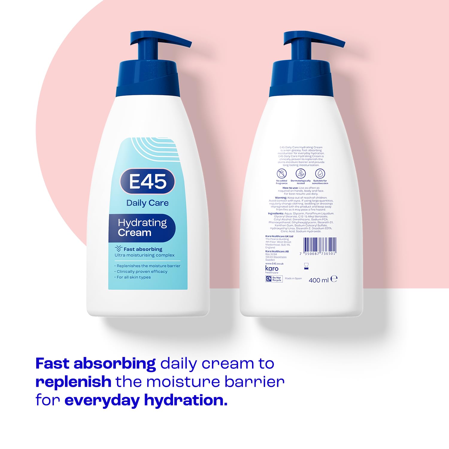 E45 Daily Hydrating Cream 400 ml for All Skin Types - Long Lasting, Non-Greasy Moisturiser