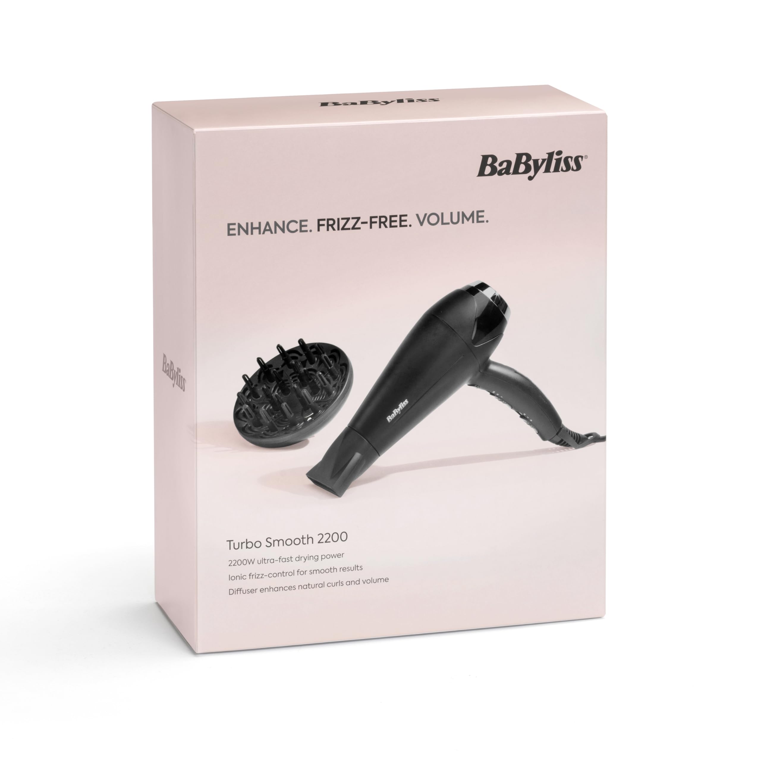 BaByliss Turbo Smooth Haartrockner – 2200 W Leistungsstarker Haartrockner, großer Diffusor, Ionen-Technologie gegen Frizz, 3 Heiz- und 2 Gebläsestufen, Schwarz, 5572U 5