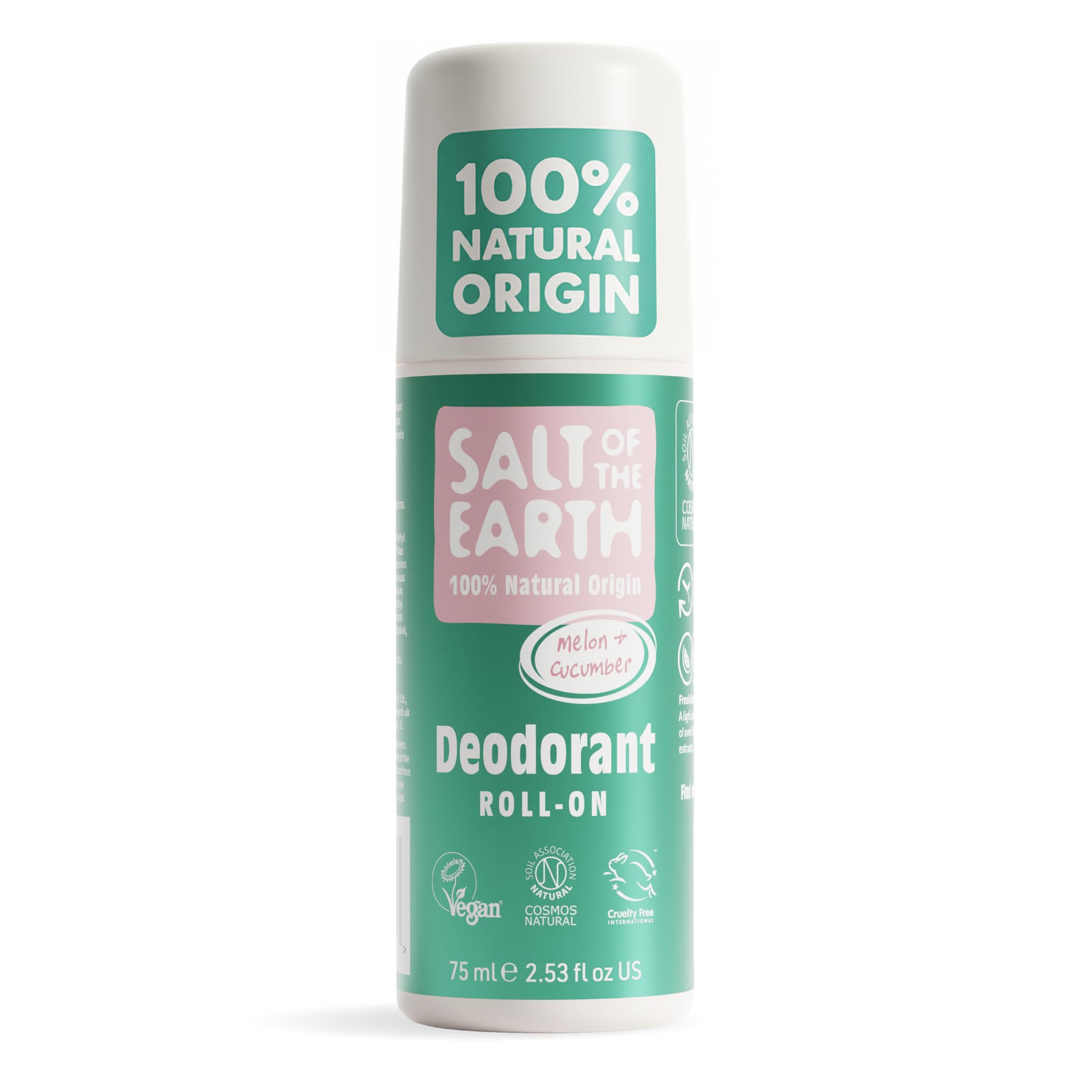 Salt of the Earth Natural Deodorant Roll On - Melon & Cucumber - Vegan, COSMOS Natural, Long-Lasting Protection - 75ml