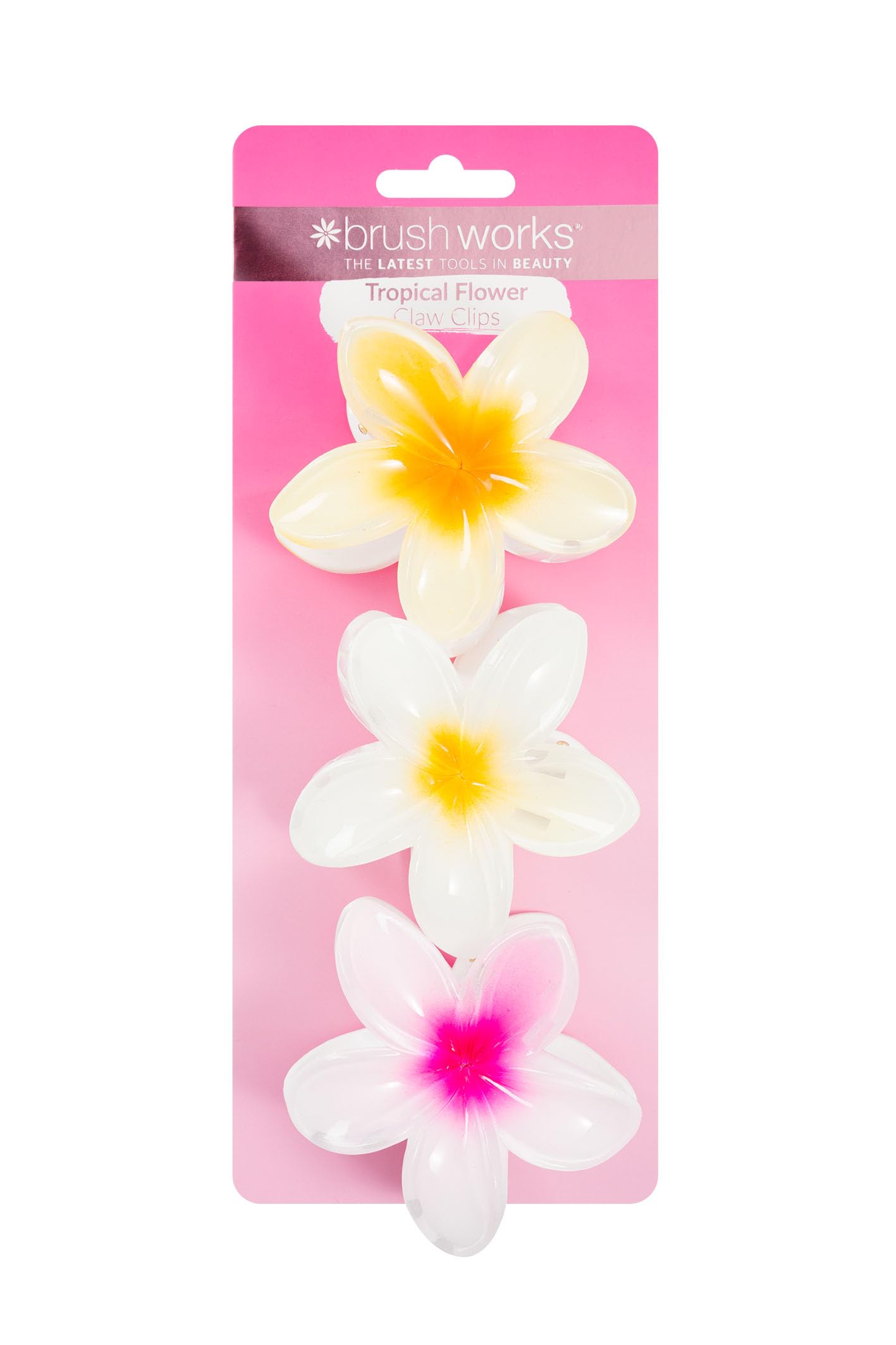 Brushworks Tropical Flower Claw Clips (3-Pack) – Glossy Floral Hair Clamps for All Hair Types