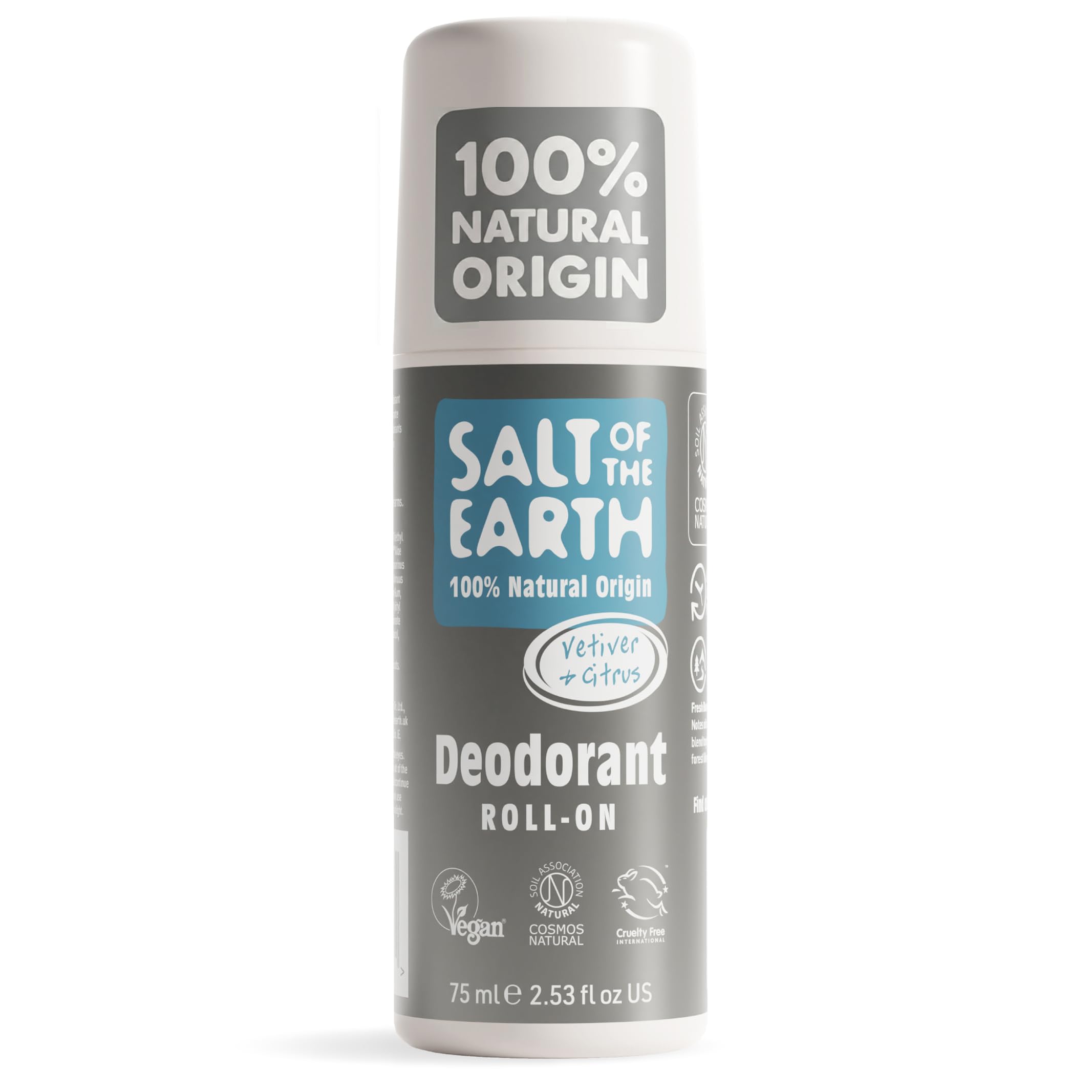Salt of the Earth Natural Deodorant Roll On for Men, Vetiver & Citrus, 75ml