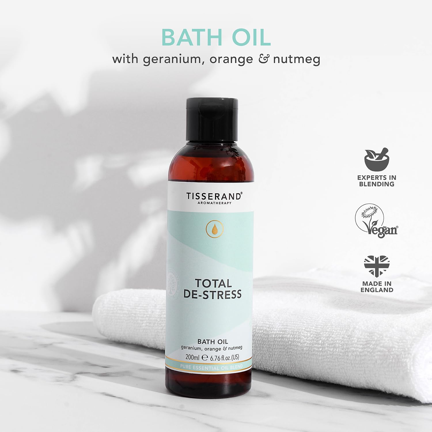 Tisserand Aromatherapy Total De-Stress Bath Oil with Orange, Geranium & Nutmeg 200ml